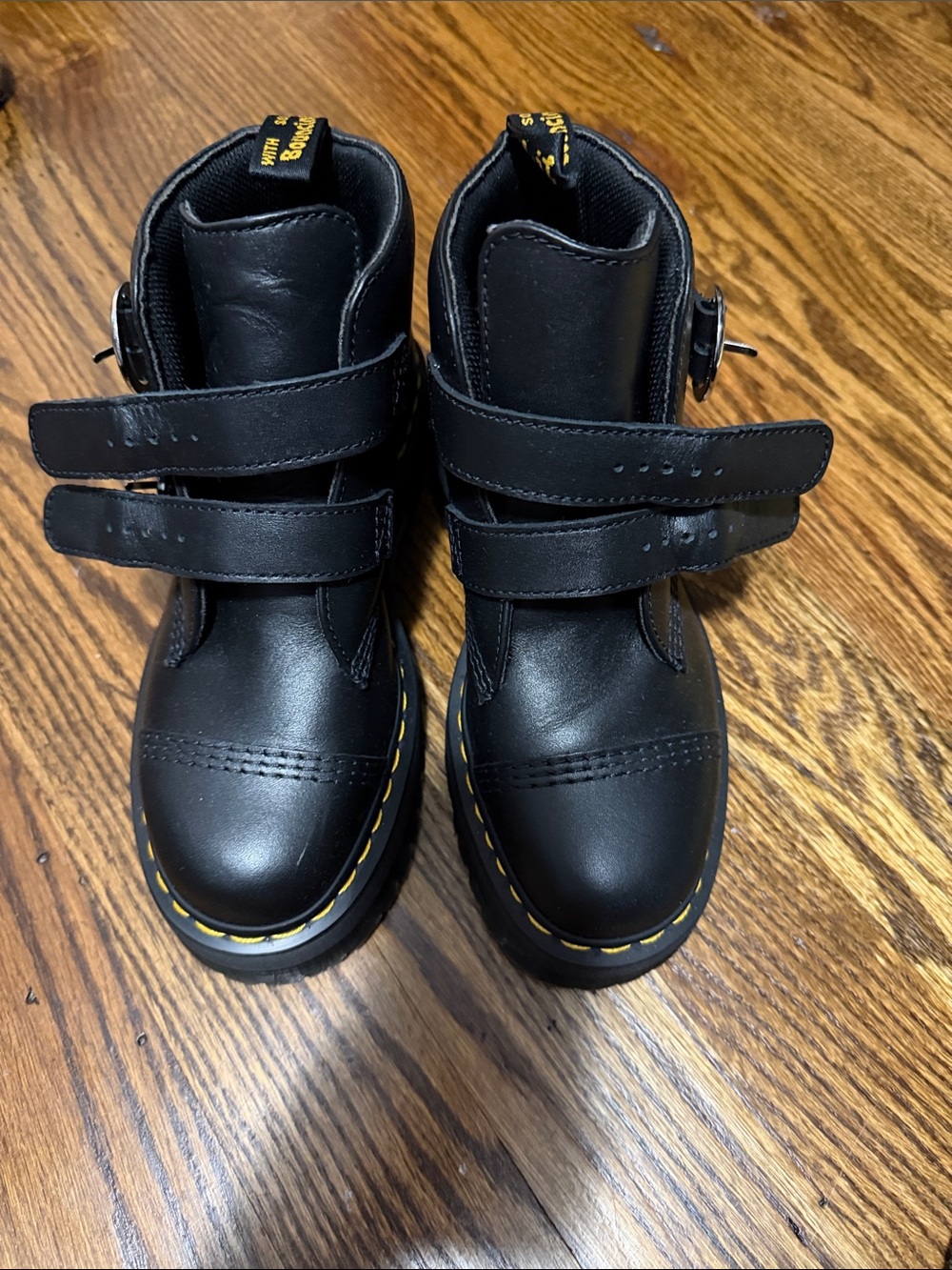 Dr. Martens Kids Black Leather Double-Strap Boots with Yellow Stitch